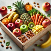 DALL·E 2024-10-02 23.39.18 - A neatly arranged wooden box filled with fresh fruits and healthy snacks, designed to appeal to fitness enthusiasts. The box contains fresh, crisp app