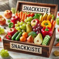 DALL·E 2024-10-02 23.44.14 - A product image of a wooden box labeled 'Snackkiste,' filled with a selection of fresh fruits and vegetables. The box contains ripe bananas, crisp app