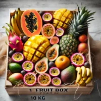 DALL·E 2024-10-02 23.45.37 - A 10 kg fruit box filled with exotic fruits, arranged beautifully inside a wooden crate. The fruits include a large papaya, ripe mangoes, passionfruit