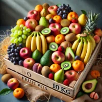 DALL·E 2024-10-02 23.46.34 - A 10 kg fruit box filled with a variety of fresh fruits, arranged neatly inside a wooden crate. The fruits include bananas, apples, grapes, kiwis, pea